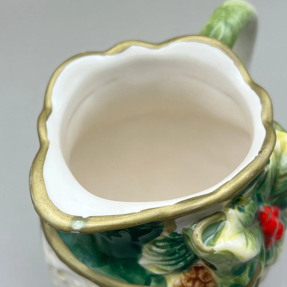 Cosmos Gifts Christmas‎ Holly Berry Pinecone Ceramic Pitcher Gold Trim 3.5